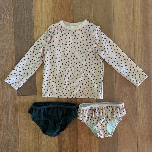 H&M Other - H&M Baby Girls Long Sleeve Pink Black Polka Dot 2 Piece Swim Rashguard